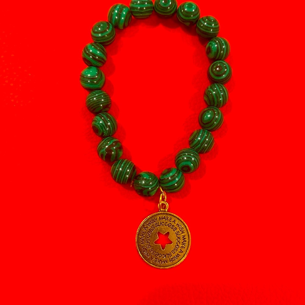 Green Beaded Bracelet with Gold Charm
